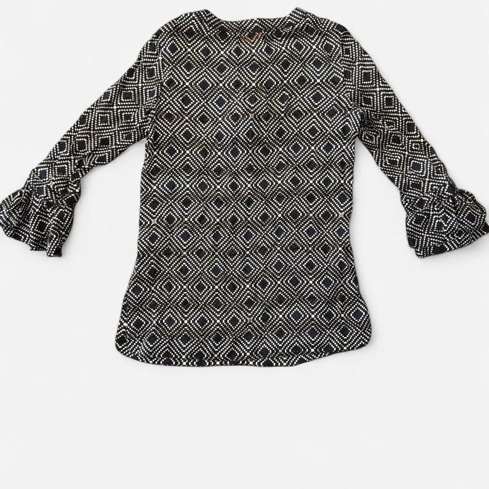 Tory Burch Navy Diamond Print Silk Ruffle Tunic Blouse Bell‎ Sleeve Size 4